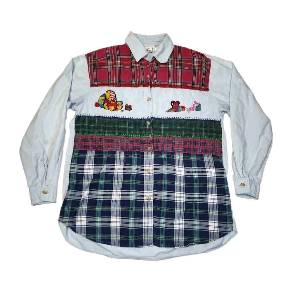 Vintage Disney Store Winnie Pooh Piglet Christmas Plaid Embroidered Shirt M